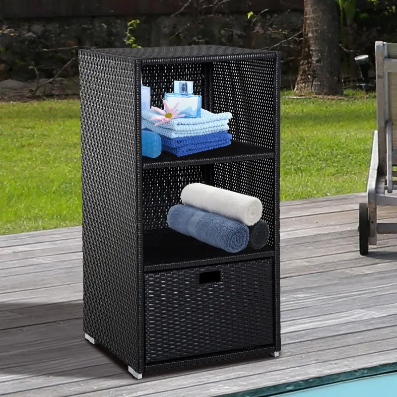 Outsunny Poolside Towel Cabinet, Rattan Wicker with Storage,2-Tier Shelves and Bottom Drawer, for Pool, Patio Backyard, 47", Dark Brown