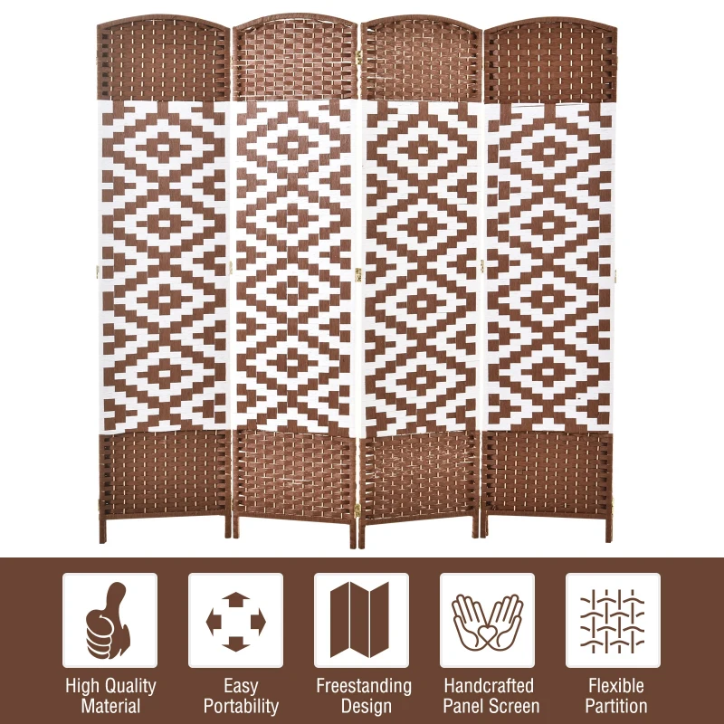HOMCOM 6ft 4 Panel Diamond Weave Folding Room Divider with Freestanding Folding Screen & Stylish Wicker Material