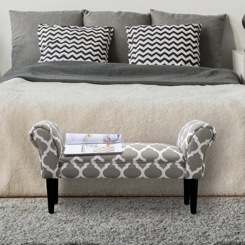 HOMCOM Small Linen Upholstered Ottoman Bench Rolled Arm End Chair, Wood Legs- Grey Lattice