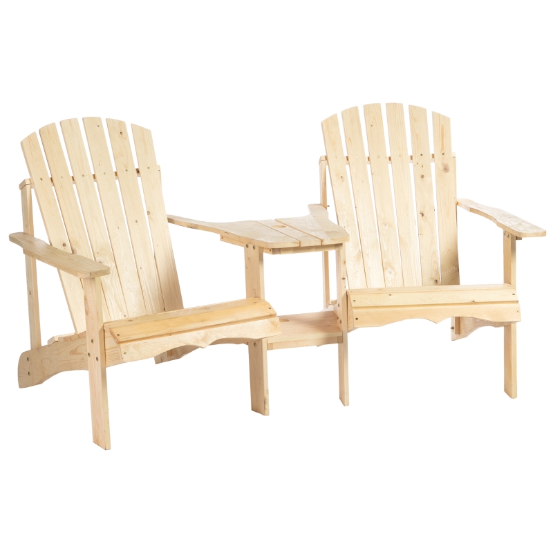 Outsunny Outdoor Wood Adirondack Chair with Coner Table Patio Reclined Tete-A-Tete Bench