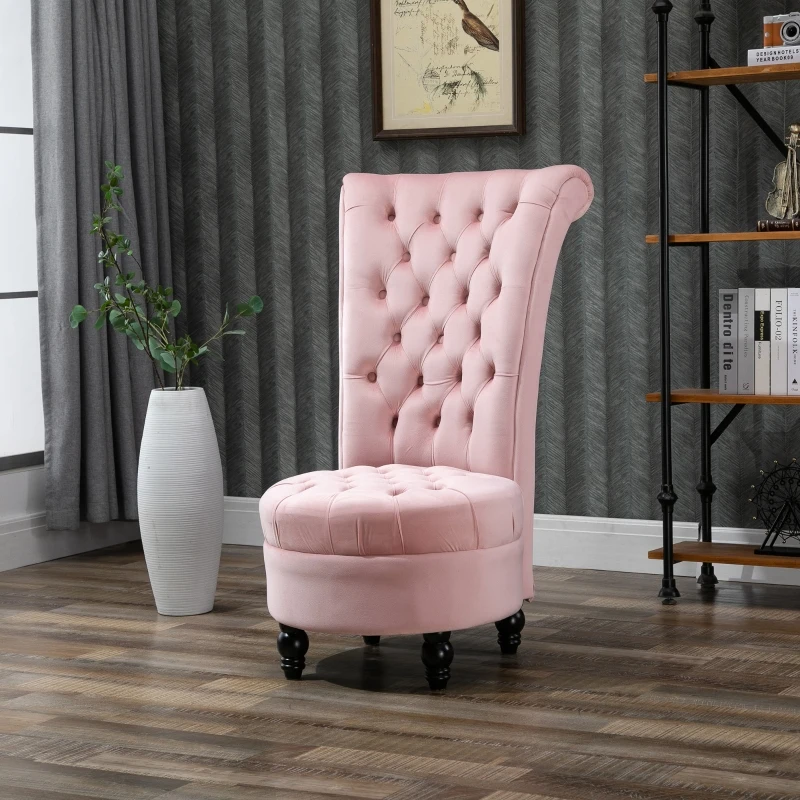 HOMCOM Retro High Back Armless Royal Accent Chair Fabric Upholstered Tufted Seat for Living Room, Dining Room and Bedroom, Pink