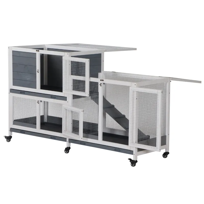 PawHut Portable Rabbit Playpen with Slide-out Trays & Ramp, Fir Wood, 34.75" H, Ideal for Small Animals & Pets