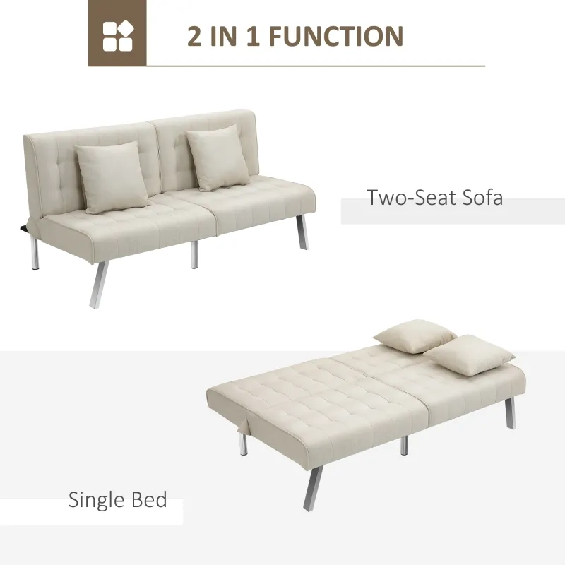 HOMCOM 2-Seater Convertible Sofa Bed with 7 Adjustable Angled Backrest Levels, 2 Pillows, and 5 Steel Legs, Cream White