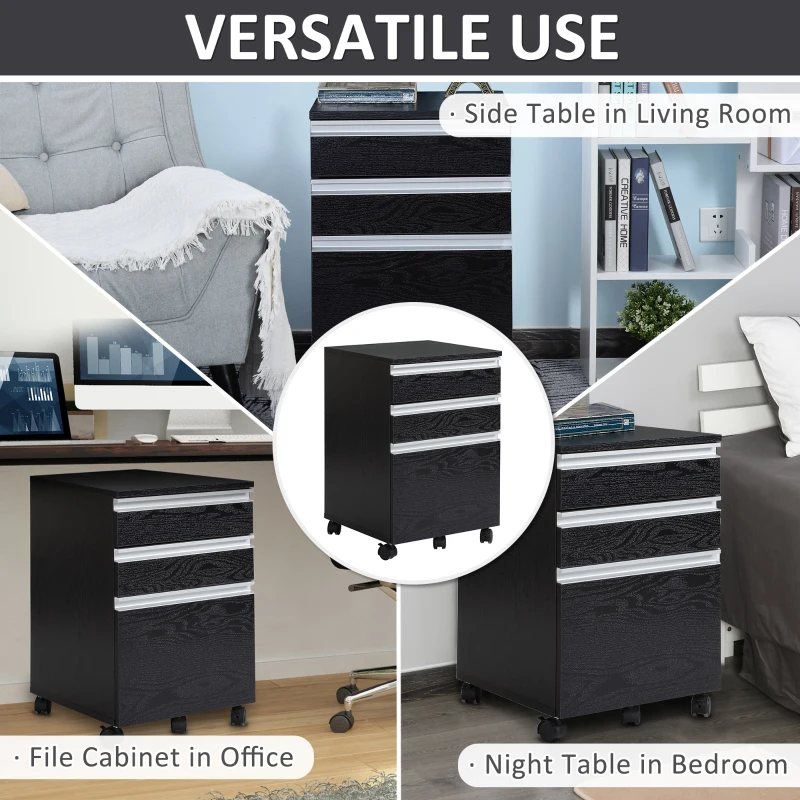 HOMCOM 23.25" 3-Drawer Office Storage Cabinet with Wheels, Dark Wood