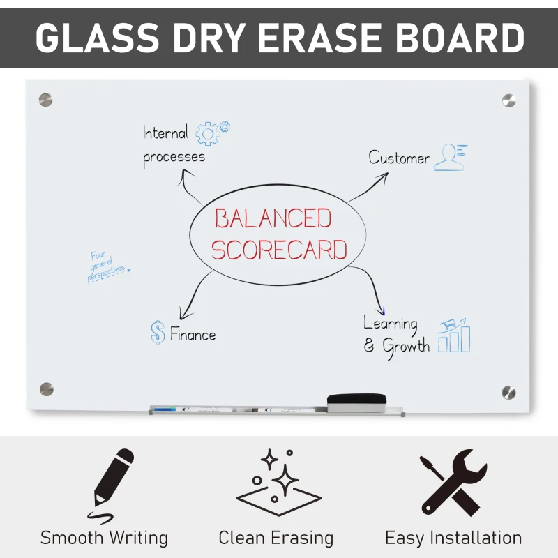 Vinsetto 35.5" x 23.5" Glass Dry Erase Whiteboard, Frameless Board on Wall, with Dry Eraser, 4 Markers, Pen Holder and Frosted Surface