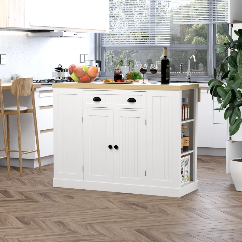HOMCOM Fluted-Style Wooden Kitchen Island, Countertop with Drop Leaf, Drawer, Open Shelves, Storage, White