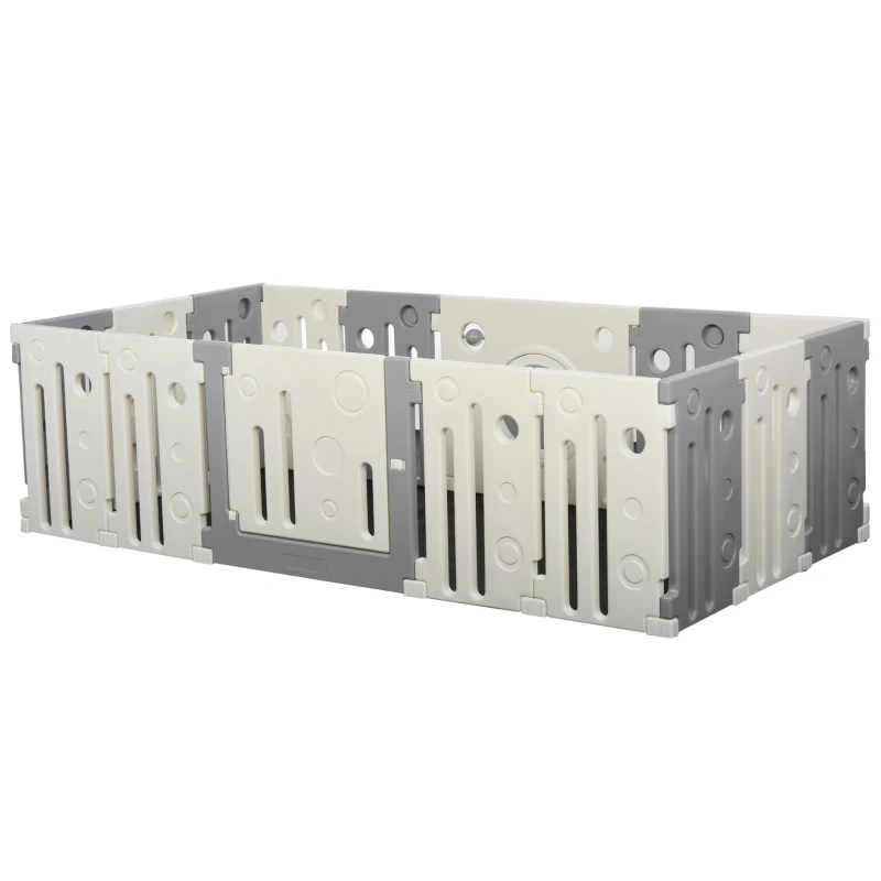 Qaba 16-Piece Children Baby Playpen Kids Activity Center Fence for Kids with Easy Safety Gate & Built-In Fun Toys, Grey