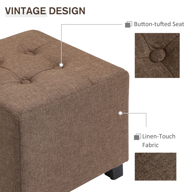 HOMCOM Tufted Ottoman Linen-Touch Fabric Upholstered Footrest Stool with Anti-Slip Pads, Brown