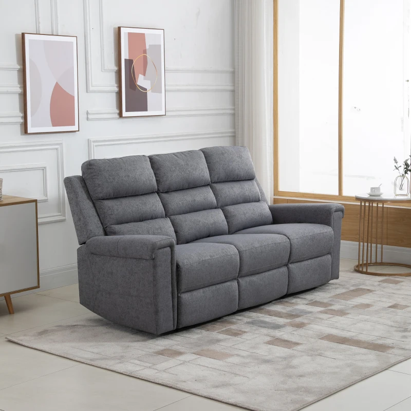 HOMCOM Modern 3-Seater Recliner Sofa with Linen Fabric and Thick Sponge Padding, 3 Seater Couch Recliner Couch Manual Reclining Sofa Living Room Furniture, Gray