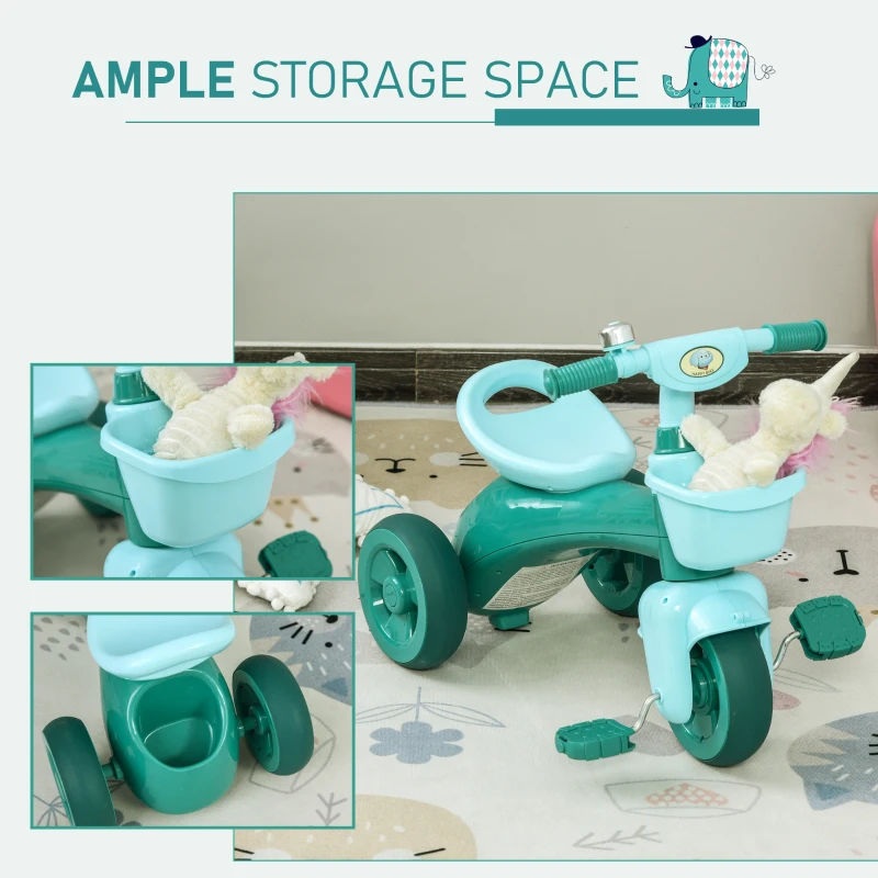Qaba Tricycle 3-Wheeler Ride-on Toy with 2 Storage Baskets on Front & Back & Non-Slip Handlebar, Green
