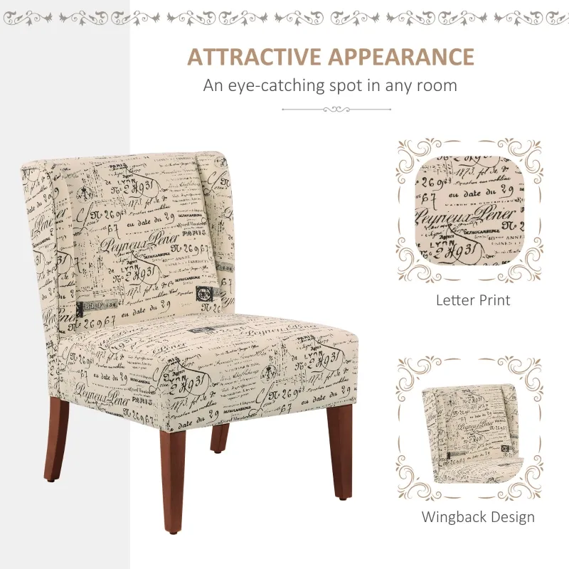 HOMCOM Upholstered Armless Accent Chair, Leisure Side Chair with Wingback, Soft Linen Fabric and Solid Wood Legs, Decorative for Bedroom, Living room, Letter