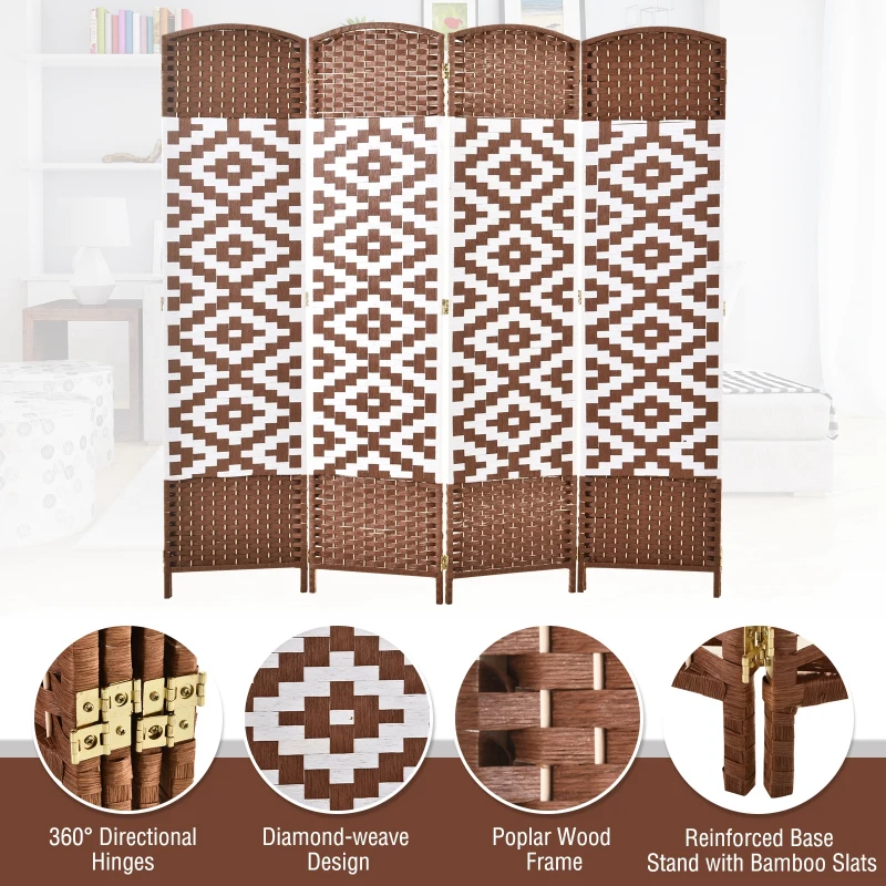 HOMCOM 6ft 4 Panel Diamond Weave Folding Room Divider with Freestanding Folding Screen & Stylish Wicker Material