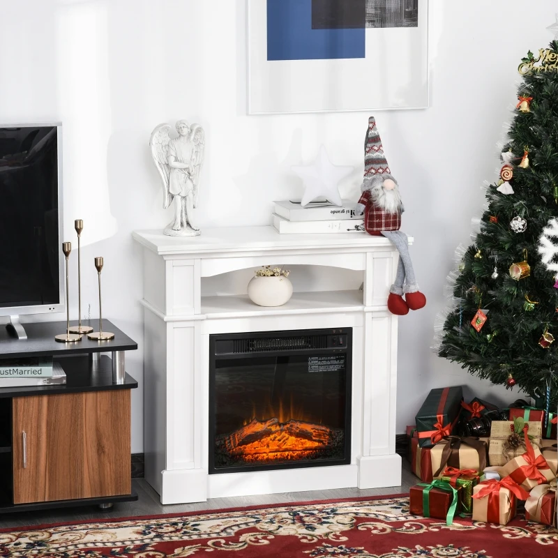 HOMCOM 31.75" W x 31" H Electric Fireplace Mantel TV Stand, Media Console Center Cabinet with a Shelf, White