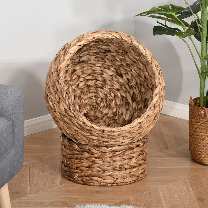 PawHut 20" Natural Braided Banana Leaf Elevated Cat Bed Basket with Cushion - Brown