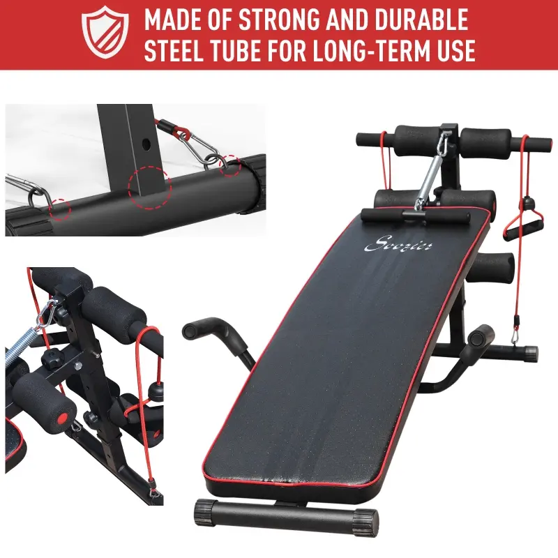 Soozier Foldable Sit Up Bench Core Workout Adjustable Weight Thigh Support  for Home Gym Black and Red