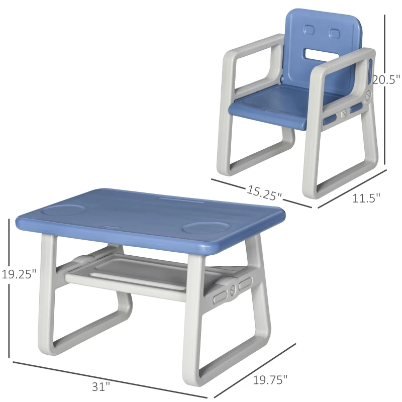 Qaba 3-Piece Kids Table and Chair Set Writing Desk with Armrest, Storage Space for Toddler Activities, Blue