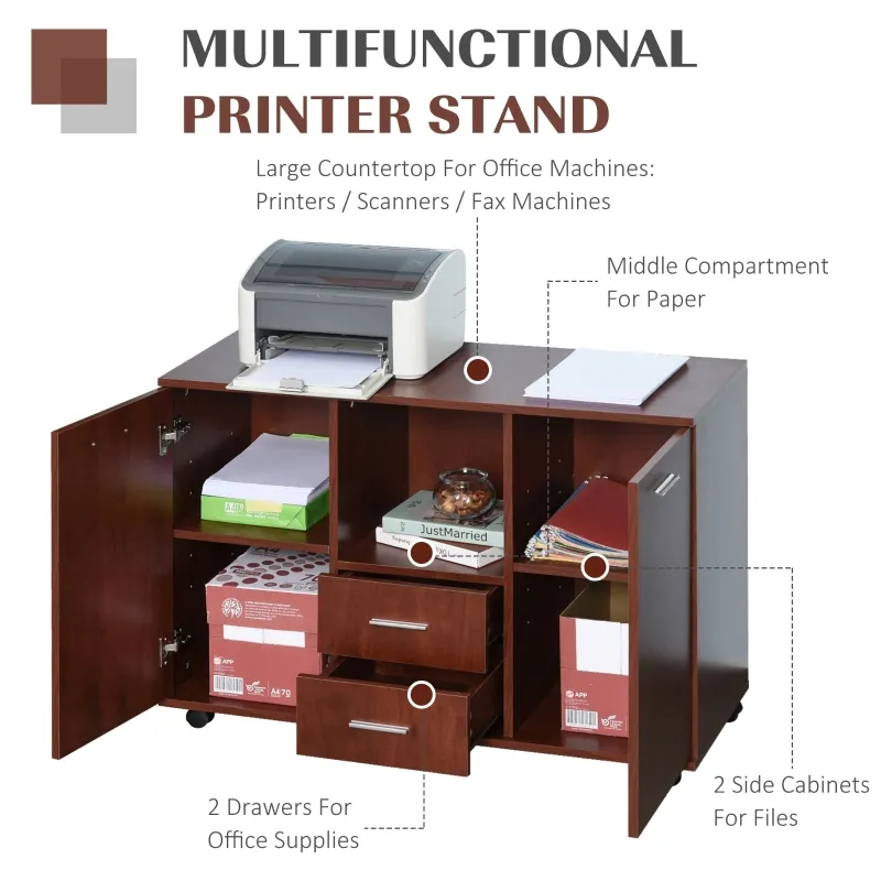 Vinsetto Multifunction Office Filing Cabinet Printer Stand with 2 Drawers, 2 Shelves, & Smooth Counter Surface, Brown