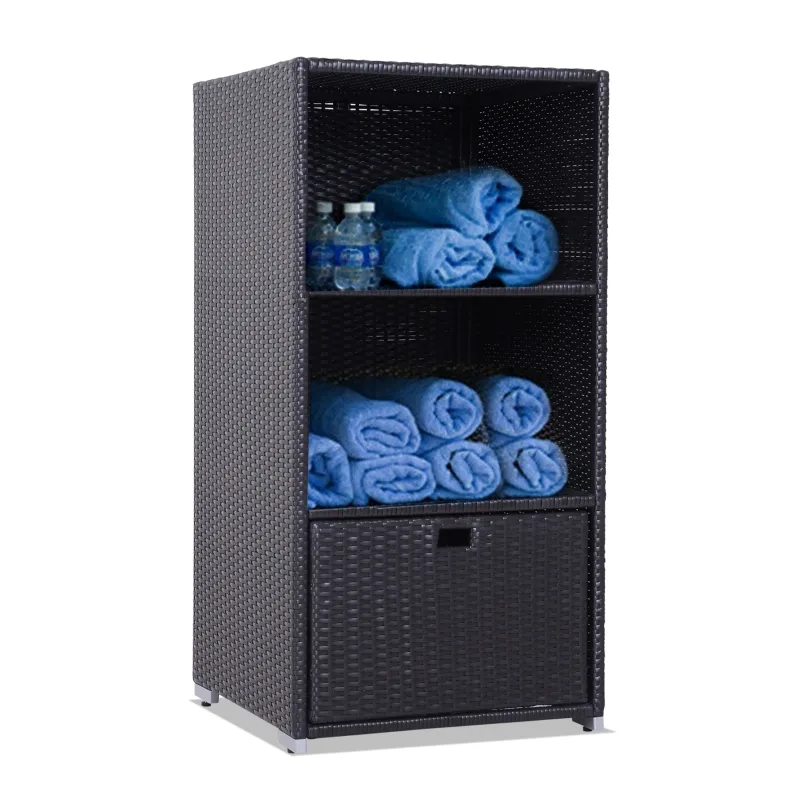 Outsunny Poolside Towel Cabinet, Rattan Wicker with Storage,2-Tier Shelves and Bottom Drawer, for Pool, Patio Backyard, 47", Dark Brown