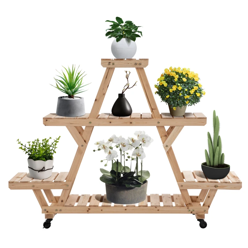Outsunny Outdoor Plant Stand w/ Wheels and Brakes, Mobile Wood Plant Shelf Flower Stand for Garden Balcony Backyard Corner Living Room, Natural