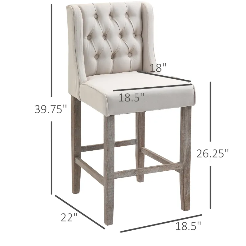HOMCOM 26.25" Counter Height Bar Stools, Tufted Wingback Armless Upholstered Dining Chair with Rubber Wood Legs, Set of 2, Ivory