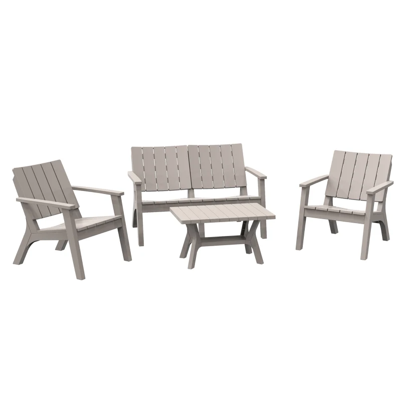Outsunny 4-Piece Outdoor Patio Conversation Set Garden Furniture Set with Weather-Fighting PP Materials, Adirondack Comfort, & Coffee Table, Light Coffee