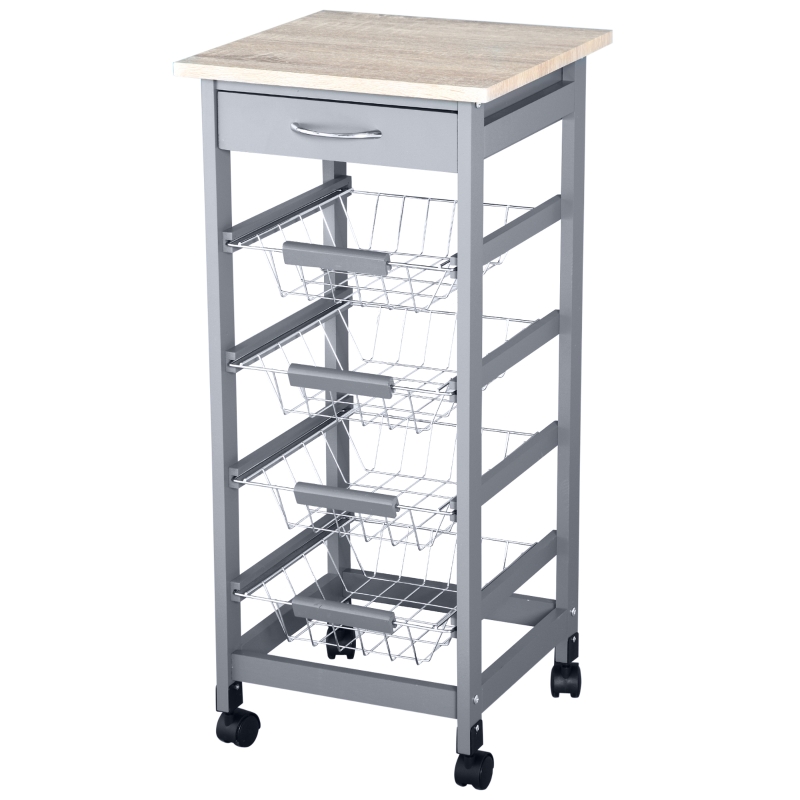 HOMCOM 32.25" Wooden Rolling Kitchen Storage Cart, Trolley Cart on 360° Swivel Wheels with Storage Drawer, Grey