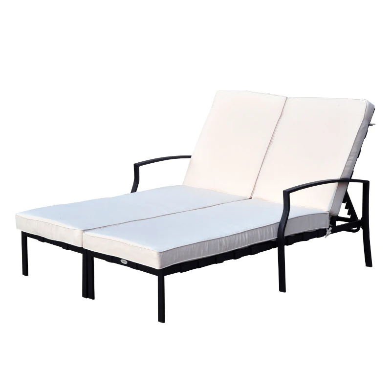 Outsunny 74" Reclining Outdoor Double Lounge Chair With Cushions - Cream / Black