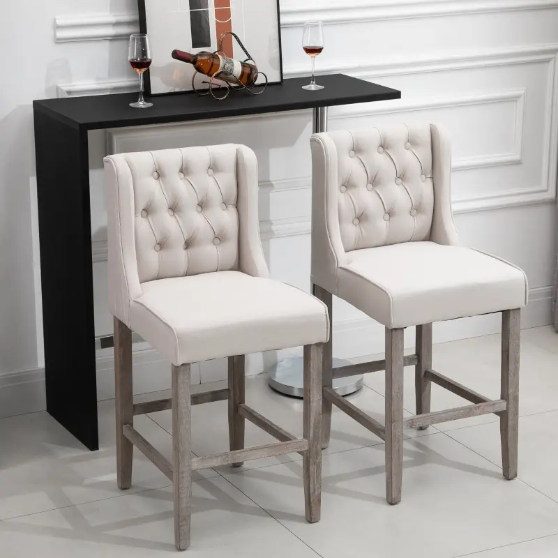 HOMCOM 26.25" Counter Height Bar Stools, Tufted Wingback Armless Upholstered Dining Chair with Rubber Wood Legs, Set of 2, Ivory