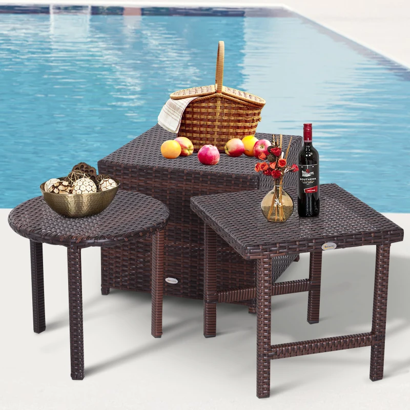 Outsunny 3 Piece Rattan Wicker Side Table Set with Square, Round Shape, Outdoor Garden Coffee Bistro Table, Brown