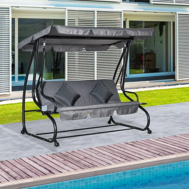 Outsunny 3-Seat Outdoor Patio Swing Chair, Converting Flatbed, Outdoor Swing Glider with Adjustable Canopy, Removable Cushion and Pillows, for Porch, Garden, Poolside, Backyard, Gray