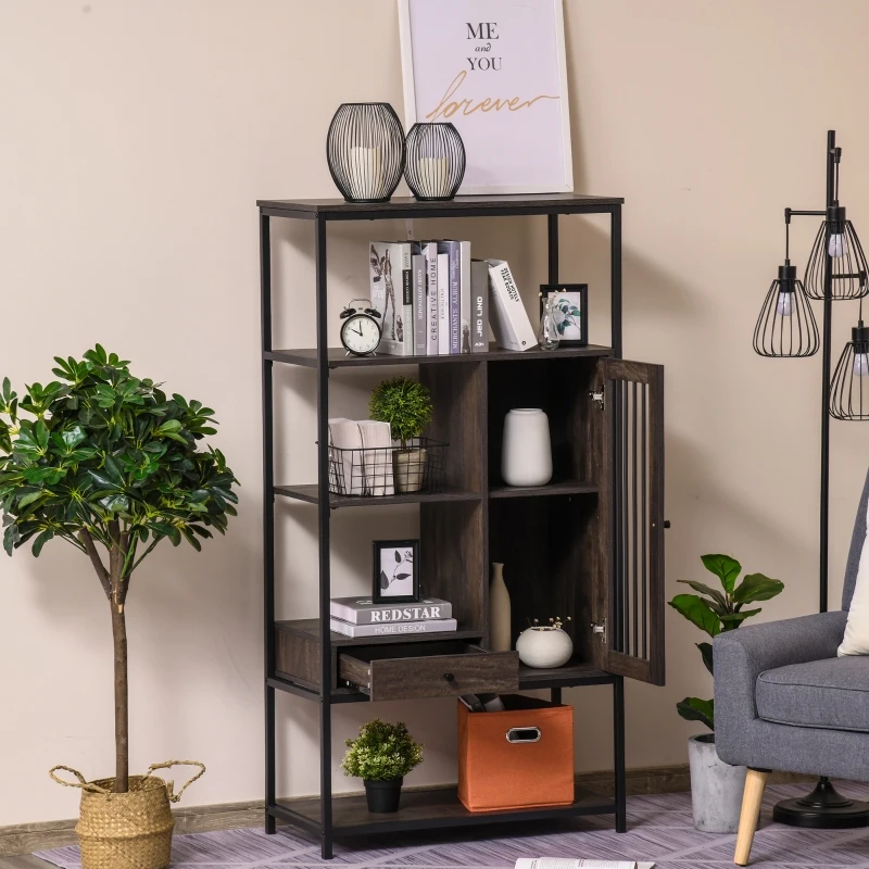 HOMCOM 4-Tier Industrial Style Bookcase with Open Storage Display Rack, Drawer, Cabinet for Living Room, Dark Brown