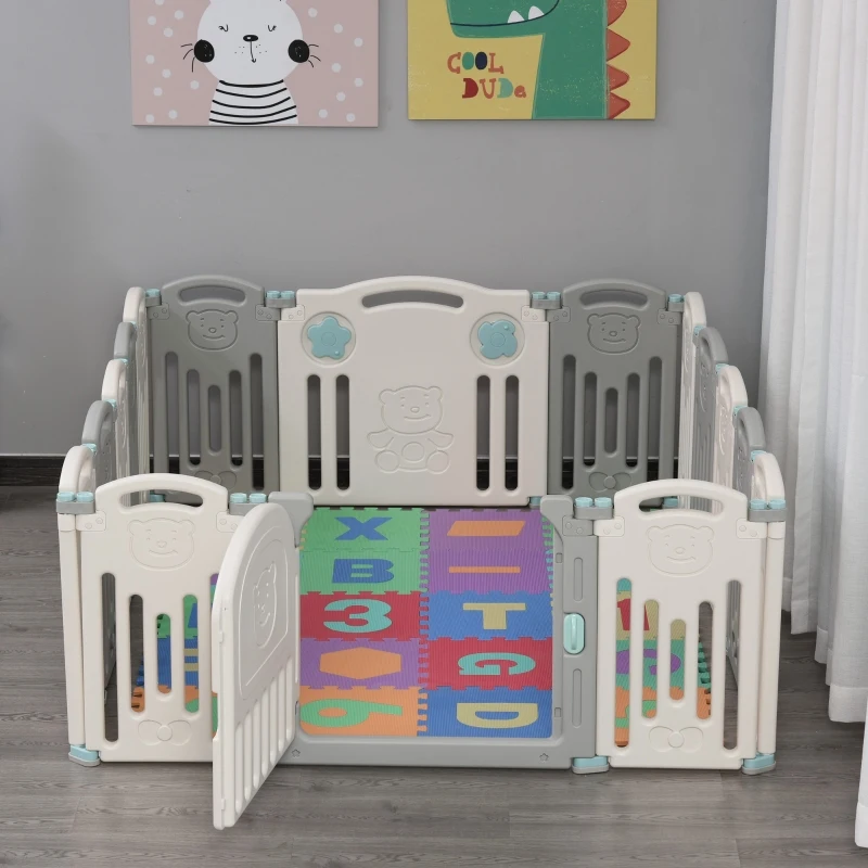 Qaba 16-Piece Indoor Safety Childrens Baby Playpen with Game Piece, Opening Gate & Flexible Design for Peace of Mind