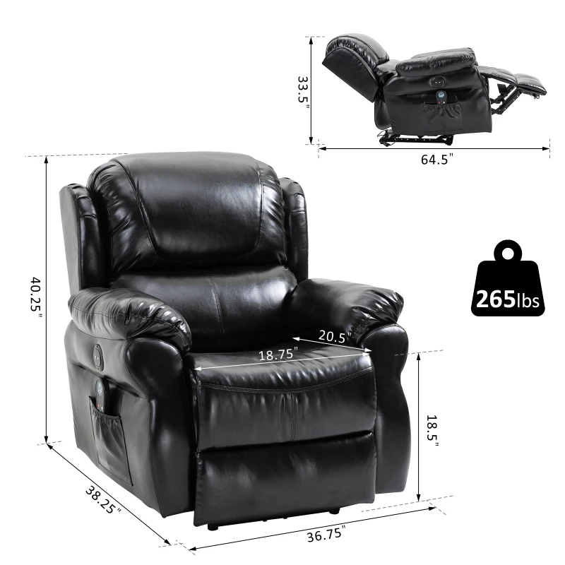 HOMCOM Power Massage Recliner Chair with Heat and Remote Control, 8 Massaging Points, PU Leather - Black