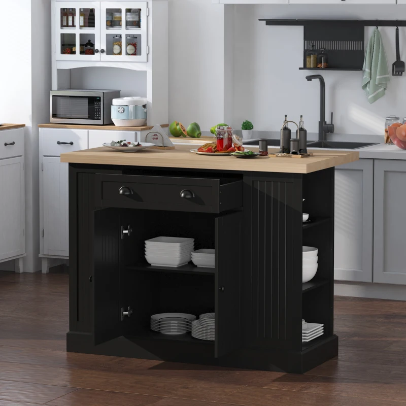 HOMCOM Fluted-Style Wooden Kitchen Island, Countertop with Drop Leaf, Drawer, Open Shelves, Storage, Black