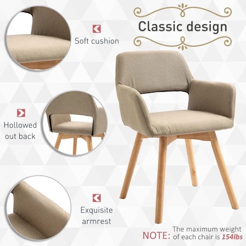 HOMCOM Dining Chairs Set of 2 Home Modern Accent Armchair for Bedroom Living Room with Fabric Surface and Solid Wood Legs, Taupe