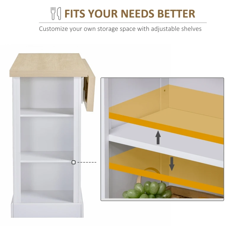 HOMCOM Fluted-Style Wooden Kitchen Island, Countertop with Drop Leaf, Drawer, Open Shelves, Storage, White