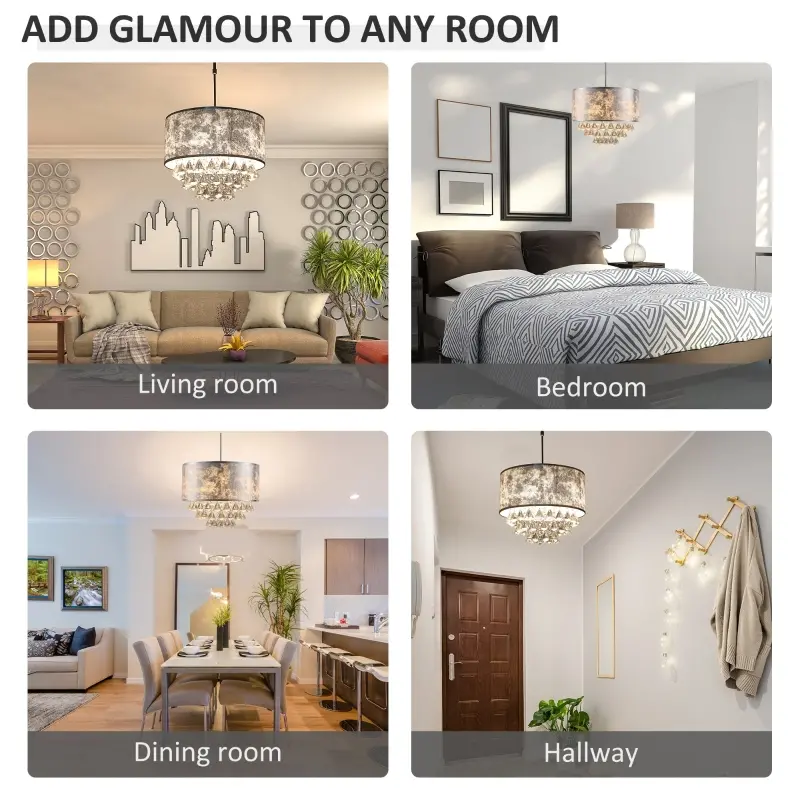HOMCOM Modern Crystal Chandelier Light with Adjustable Hanging Pole, Ceiling-Connecting Metal Round Base, Grey