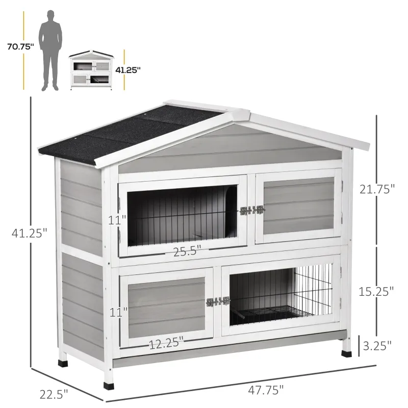 PawHut 48" 2-Story Rabbit Hutch Wooden Bunny Cage Small Animal Habitat with Ramp, No Leak Tray and Weatherproof Asphalt Roof, Indoor/Outdoor Light Grey