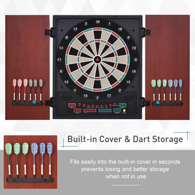 Soozier Electronic Dartboard Cabinet Set with 27 Main Games, 202 Variations, 12 Darts for Multi-Game Option Ready-to-Play, Dark Brown