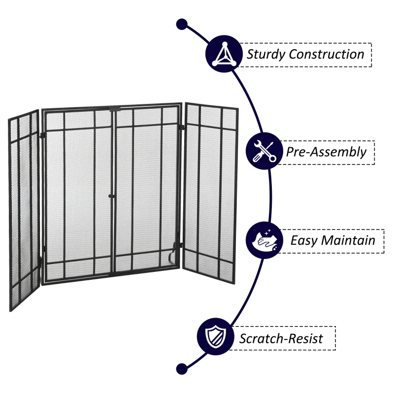 HOMCOM 3-Panel 49.25" W x 31.5" H Metal Mesh Screen Fireplace with Foldable Steel Spark Guard and Magnetic Doors, Black