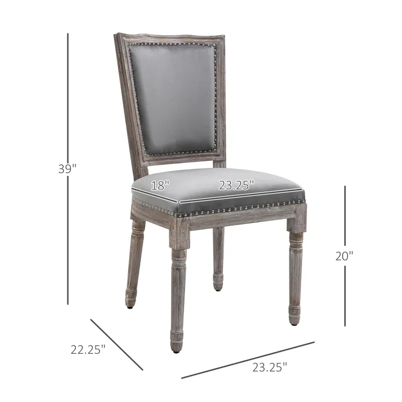 HOMCOM Vintage Upholstered Dining Chairs Set Of 2 with Nailhead Trim , Thick Padded Seat Cushions, and Wood Legs, Grey