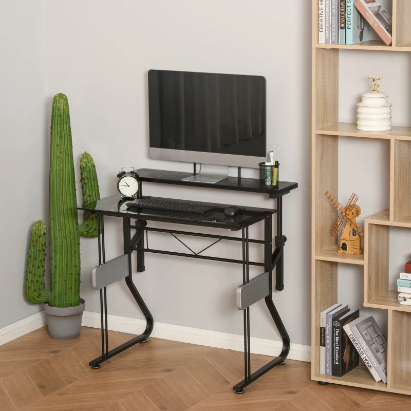 HOMCOM Writing PC Computer Desk with Height Adjustable Monitor Stand and Foot Pads for Home Office Workstation, Black