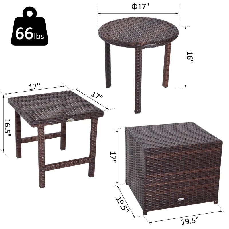 Outsunny 3 Piece Rattan Wicker Side Table Set with Square, Round Shape, Outdoor Garden Coffee Bistro Table, Brown