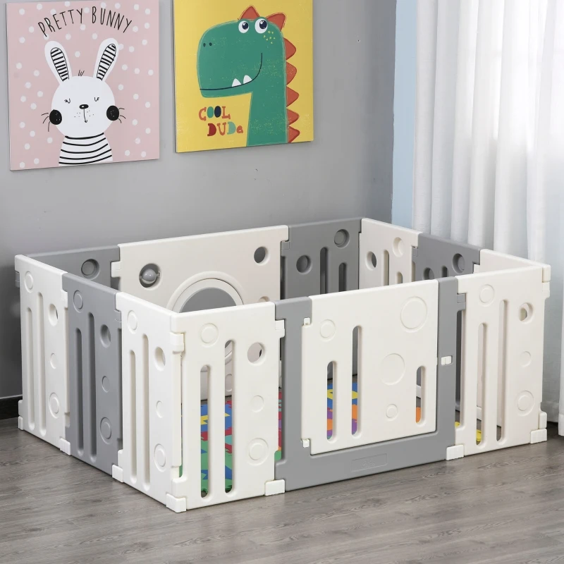 Qaba 12-Piece Children Baby Playpen Kids Activity Center Fence for Kids with Easy Safety Gate & Built-In Fun Toys, Grey