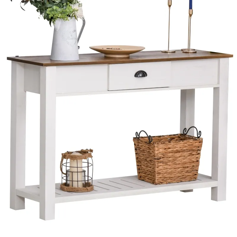 HOMCOM Console Side Entryway Table with Storage Drawer, Bottom Shelf, and Strong Sturdy Construction, White