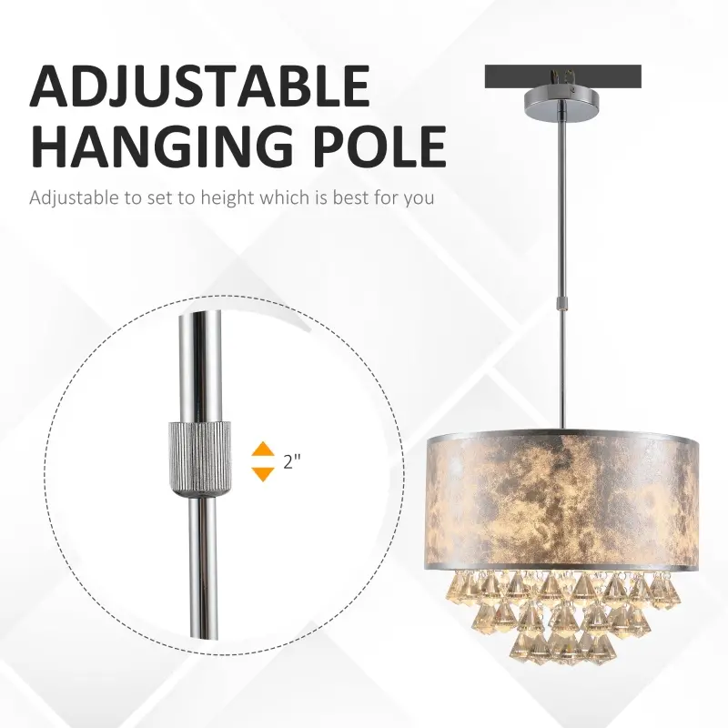 HOMCOM Modern Crystal Chandelier Light with Adjustable Hanging Pole, Ceiling-Connecting Metal Round Base, Grey