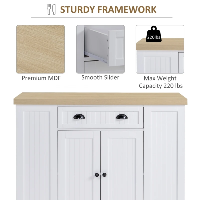 HOMCOM Fluted-Style Wooden Kitchen Island, Countertop with Drop Leaf, Drawer, Open Shelves, Storage, White