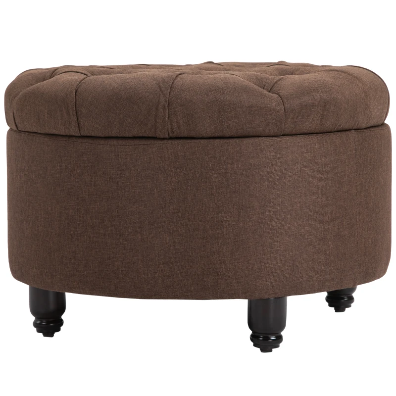 HOMCOM Round Linen-touch Fabric Storage Footstool Ottoman Button Tufted Footrest with Removable Lid, Brown