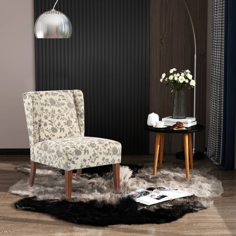 HOMCOM Upholstered Armless Accent Chair, Leisure Side Chair with Wingback, Soft Linen Fabric and Solid Wood Legs, Decorative for Bedroom, Living room, Floral