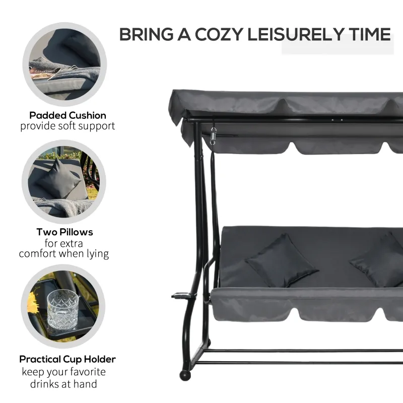 Outsunny 3-Seat Outdoor Patio Swing Chair, Converting Flatbed, Outdoor Swing Glider with Adjustable Canopy, Removable Cushion and Pillows, for Porch, Garden, Poolside, Backyard, Gray